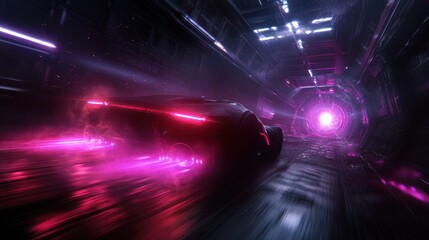 Fototapeta premium Futuristic car racing through neon tunnel at high speed