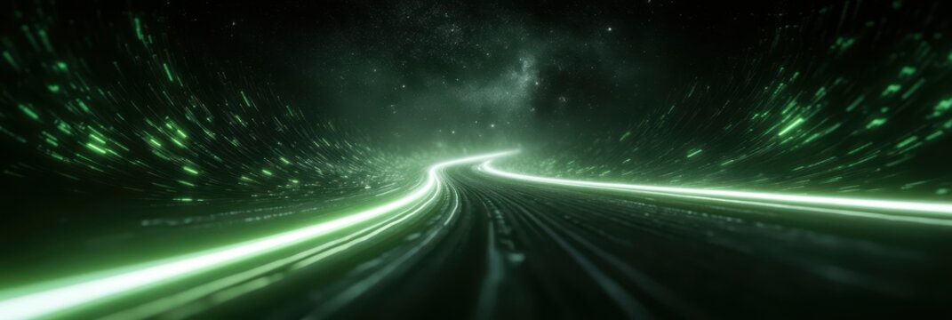 Futuristic neon roadway under starry night sky