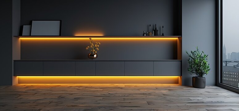 Minimalist modern living room interior design with a warm yellow LED strip light on the floor and shelves. The space is sleek and sophisticated.