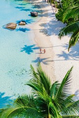 Two people walk hand in hand along a pristine beach surrounded by swaying palm trees and...