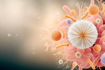 Abstract representation of gut microbiome with colorful bacteria and organic structures inside intestines on soft background