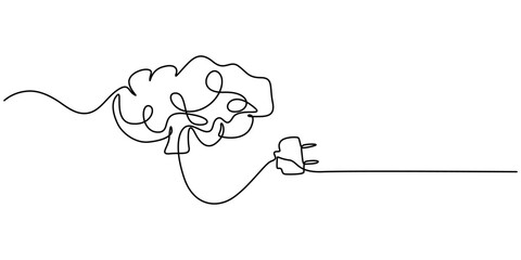 Continuous one line drawing of Human brain and plug. Genius idea and psychology concept in simple linear style. Editable stroke, Continuous one line drawing of Human brain and plug. Creative idea ins