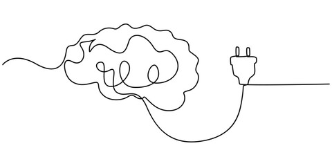 Continuous one line drawing of Human brain and plug. Genius idea and psychology concept in simple linear style. Editable stroke, Continuous one line drawing of Human brain and plug. Creative idea ins
