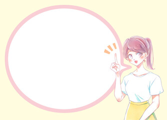 人差し指をさすポニーテールの女性　笑顔　吹き出し