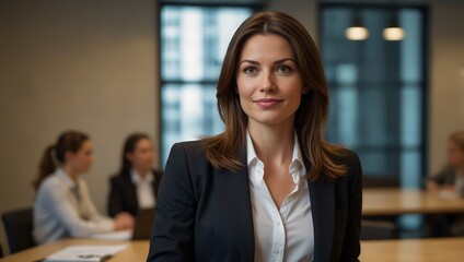 A dazzlingly poised woman in her 30s, exuding confidence and professionalism in a bustling business meeting