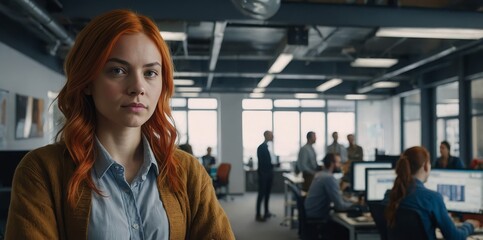 Young female game software designer, confident and creative, office setting.
