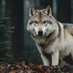 Fototapeta premium A wolf standing in a forest with a tree to the side and leaves on the ground looking forward intently
