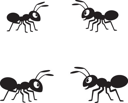 Four black ants cartoon illustration set
