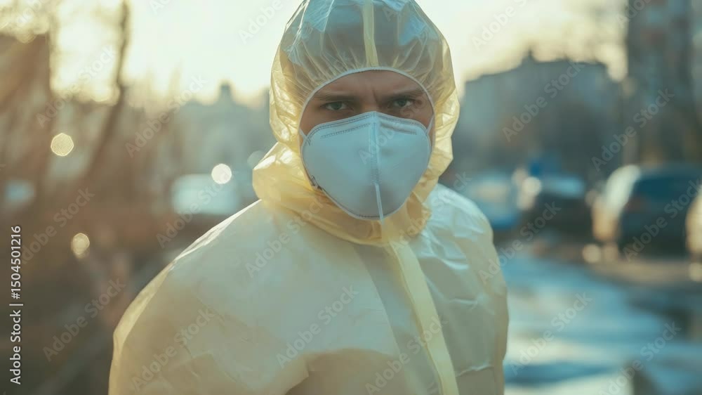 Aufkleber a person wearing a bright yellow coat and a white mask, ideal for use in scenarios where characters 