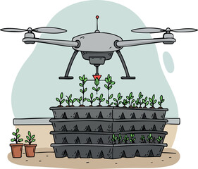 Agricultural drone spraying crops for plant growth and farming technology illustration 