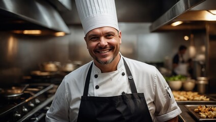 A genially grinning chef, head tilted, meets the camera with warm, skillful eyes.
