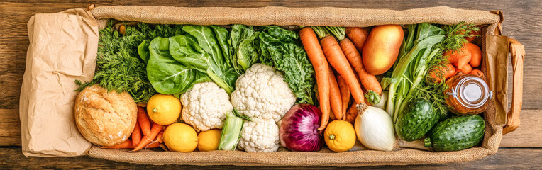 Rustic basket with fresh organic vegetables in zero waste setting