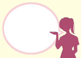 案内をするポニーテールの女性　笑顔　吹き出し　シルエット