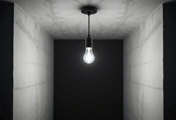 A single light bulb is lit up in a dark room