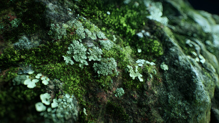 Detailed Close Up of Moss Covered Rock Face Showcasing Natural Textures and Shades of Green, Evoking a Sense of Serenity and the Beauty of Untouched Nature