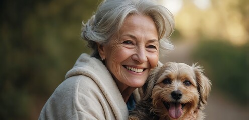 An aging woman hugs her pup, joy lighting up her face.

