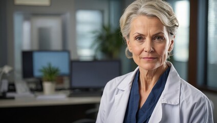 In her office, an experienced doctor stands with quiet strength.

