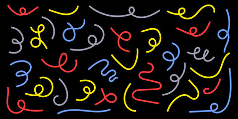 Line doodles set - hand drawn swirls, curved lines, grunge style marker, chaotic pointers. Chalk sketches, artistic design elements collection