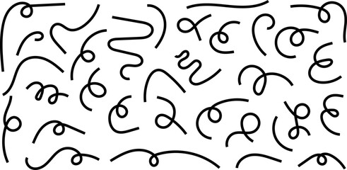Line doodles set - hand drawn swirls, curved lines, grunge style marker, chaotic pointers. Chalk sketches, artistic design elements collection