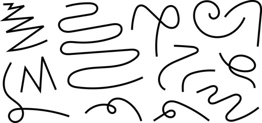 Line doodles set - hand drawn swirls, curved lines, grunge style marker, chaotic pointers. Chalk sketches, artistic design elements collection