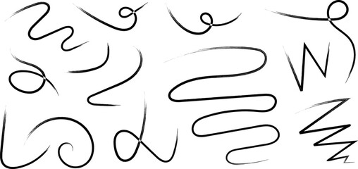 Line doodles set - hand drawn swirls, curved lines, grunge style marker, chaotic pointers. Chalk sketches, artistic design elements collection