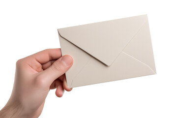 hand holding closed beige envelope isolated on white background