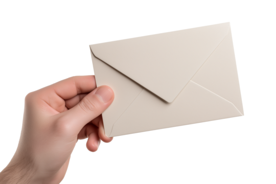hand holding closed beige envelope isolated on white background