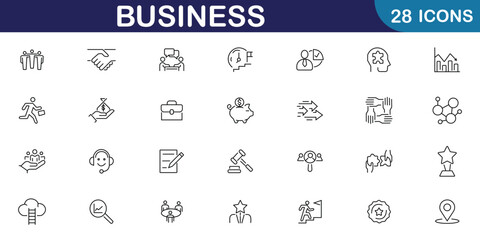 Business web icon set in line style. Set of 28 business icons with money, contact, bank, check, law, exchange, payment, wallet, deposit, growth analysis and more. Stock vector illustration.