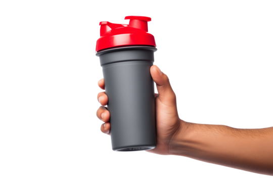 person holding fitness shaker with red cap isolated on white background