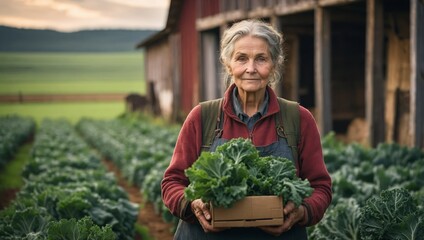 Her weathered hands present vibrant kale with quiet pride.

