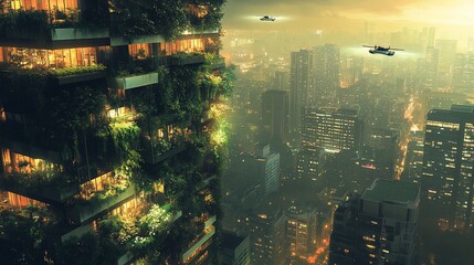 Lush, vertical garden skyscraper at dusk, overlooking a hazy city with flying vehicles