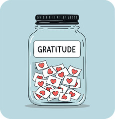 Gratitude jar filled with heart notes illustration for positive mindset and thankfulness concept 