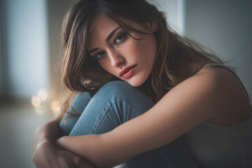 Sad pensive young woman hugging knees on floor at home