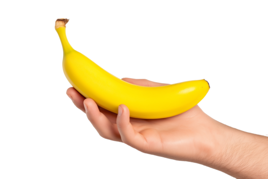 fresh banana held delicately in palm of person's hand isolated on white background