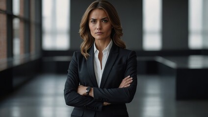 Fiercely poised, a sophisticated businesswoman stands with arms folded. Her sharp gaze conveys determination and authority, while her impeccably tailored suit exudes professionalism