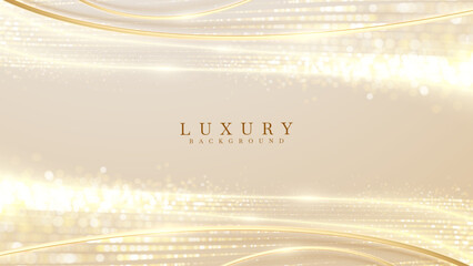 Luxury cream abstract background with elegant golden curves decorated with sparkling light effects and glittering stars.
