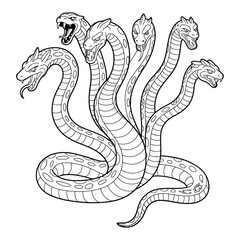 Fototapeta premium Hydra with multiple heads Coloring Page, Silhouette, Vector, Illustration, Icon, Logo, White Background.