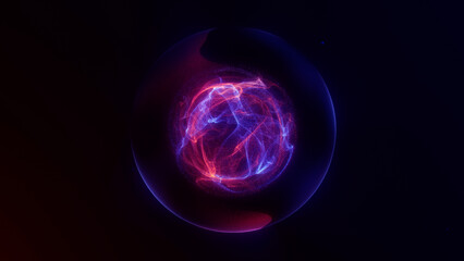Vibrant fusion of red and blue plasma particles forming an energetic sphere core. Perfect for AI, data, crypto, music visualizations and futuristic tech concepts.
