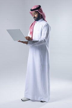 A collection of images of an Arab man wearing traditional Saudi thobe and shemagh, reflecting modern lifestyle activities like using technology, shopping, and standing confidently in a studio setting.