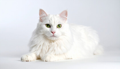 Fluffy white cat with green eyes. Beautiful pet. Domestic animal.