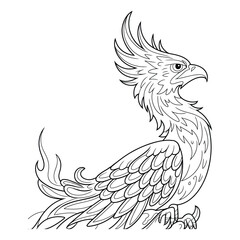 Obraz premium Phoenix rising from flames Coloring Page, Silhouette, Vector, Illustration, Icon, Logo, White Background.