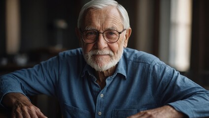 Portrait of retired senior man wearing blue shirt looking at camera. Concept of friendly, retirement