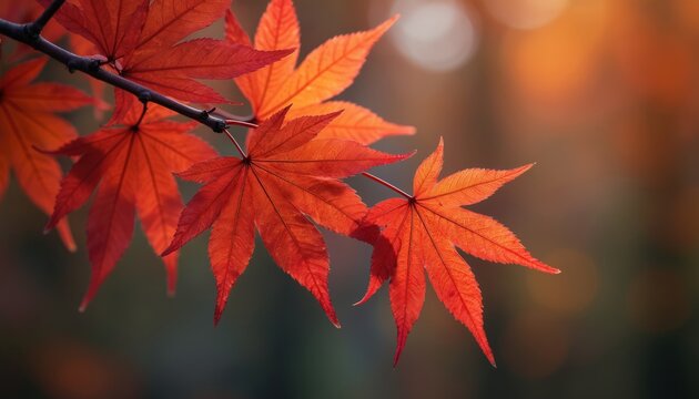 Close-up of vibrant red maple leaves on branch. Autumn season fall colors. Colorful leaves texture, sunny weather. Beautiful nature background, autumn landscape design. October vibes, natural beauty.