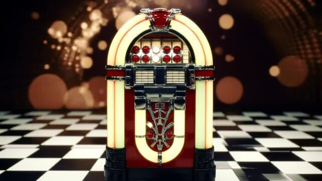 Classic Jukebox On A Checkerboard Floor In Retro Setting With Glowing Lights