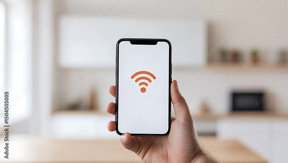 Poster connected device: a smartphone displaying a wi-fi signal indicator, held in a hand in a modern, brig