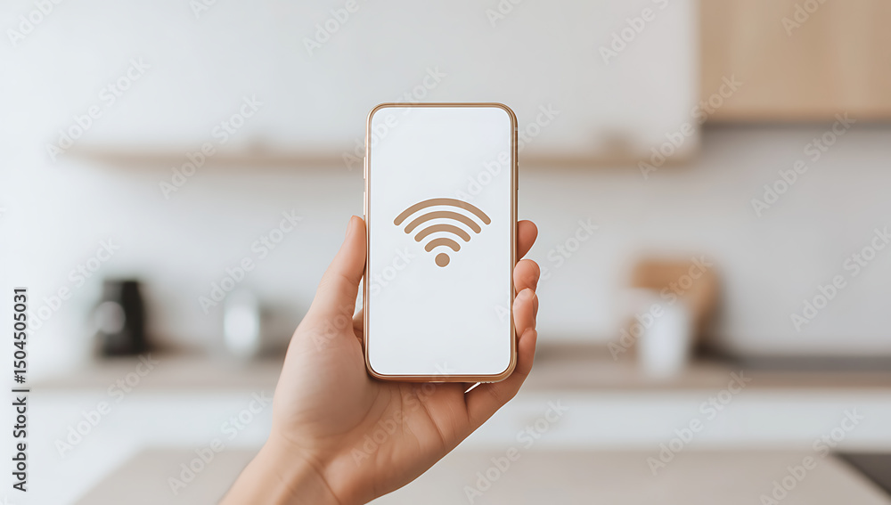 Aufkleber connected device concept: hand holding a smartphone displaying a wi-fi signal icon, symbolizing wire