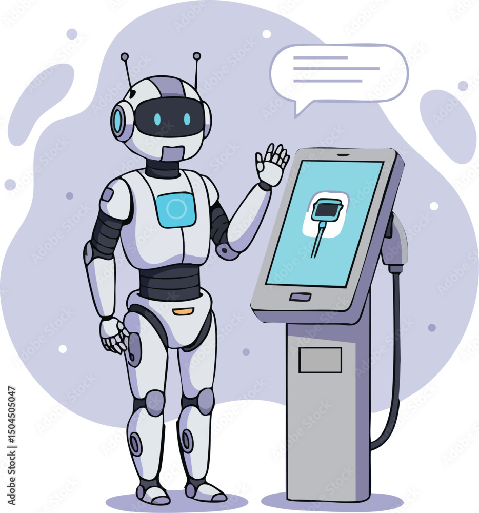 Poster friendly robot interacting with touchscreen kiosk in modern technology environment vector illustrati