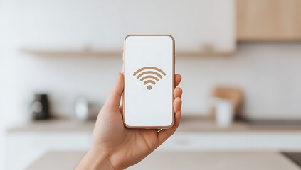 Connected device concept: Hand holding a smartphone displaying a Wi-Fi signal icon, symbolizing wireless connectivity and internet access at home.