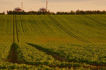 Green field, long tracks, nuclear plant at sunset.