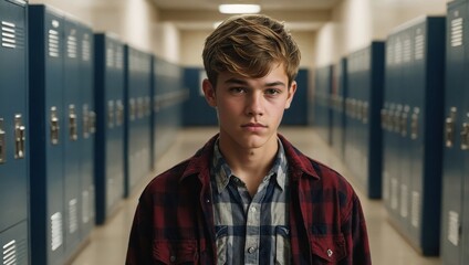 Teenage boy leaning on lockers in a high school corridor.
